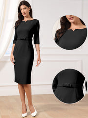 3/4 Sleeve Notch Neck Belted Formal Midi Work Dress