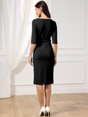 3/4 Sleeve Notch Neck Belted Formal Midi Work Dress
