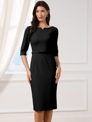 3/4 Sleeve Notch Neck Belted Formal Midi Work Dress