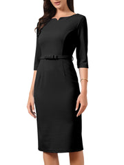 3/4 Sleeve Notch Neck Belted Formal Midi Work Dress