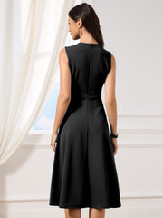 Pleated Crew Neck Sleevess Work A-Line Midi Dress
