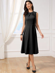 Pleated Crew Neck Sleevess Work A-Line Midi Dress