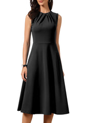 Pleated Crew Neck Sleevess Work A-Line Midi Dress