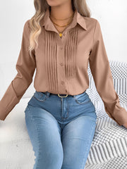Pleated Solid Color Button Down Long Sleeve Shirt