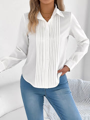 Pleated Solid Color Button Down Long Sleeve Shirt