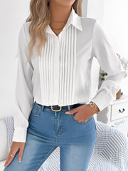 Pleated Solid Color Button Down Long Sleeve Shirt