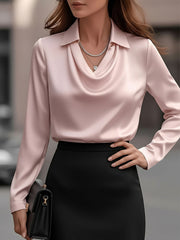 Collar Cowl Neck Long Sleeves Satin Blouse