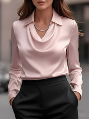 Collar Cowl Neck Long Sleeves Satin Blouse