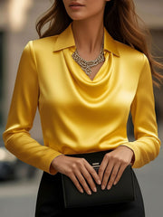 Collar Cowl Neck Long Sleeves Satin Blouse