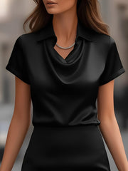 Collared Cowl Neck Short Sleeves Satin Blouse