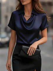 Collared Cowl Neck Short Sleeves Satin Blouse
