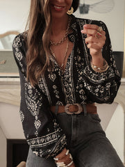 Boho Floral Long Sleeve Ruffled Neck Blouse