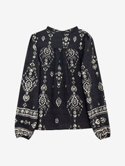 Boho Floral Long Sleeve Ruffled Neck Blouse