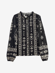 Boho Floral Long Sleeve Ruffled Neck Blouse