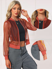 Sheer Mesh Shiny Long Sleeve See Through Zip Up Jacket
