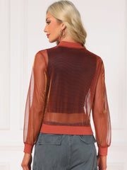 Sheer Mesh Shiny Long Sleeve See Through Zip Up Jacket