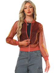 Sheer Mesh Shiny Long Sleeve See Through Zip Up Jacket