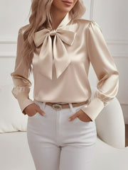 Versatile Bow Tie Satin Long Sleeve Shirt