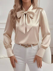 Versatile Bow Tie Satin Long Sleeve Shirt