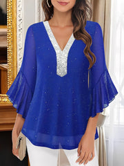 Sequined Deep V Neck Colorblock Flounce Sleeves Blouse