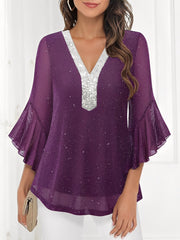 Sequined Deep V Neck Colorblock Flounce Sleeves Blouse