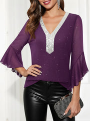 Sequined Deep V Neck Colorblock Flounce Sleeves Blouse
