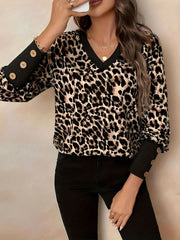 Leopard Print Bishop Sleeve V Neck Blouse