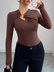 Asymmetrical Keyhole Metal-Embellished Leopard Long Sleeves Blouse