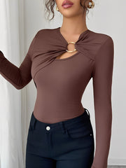 Asymmetrical Keyhole Metal-Embellished Leopard Long Sleeves Blouse