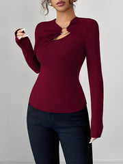 Asymmetrical Keyhole Metal-Embellished Leopard Long Sleeves Blouse