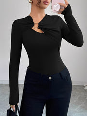Asymmetrical Keyhole Metal-Embellished Leopard Long Sleeves Blouse