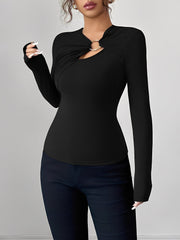 Asymmetrical Keyhole Metal-Embellished Leopard Long Sleeves Blouse