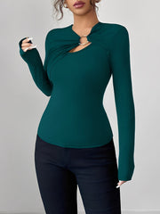 Asymmetrical Keyhole Metal-Embellished Leopard Long Sleeves Blouse