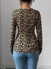 Asymmetrical Keyhole Metal-Embellished Leopard Long Sleeves Blouse