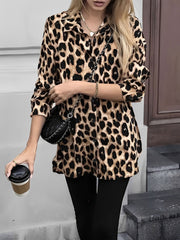 Satin Leopard Printed Long Sleeve Lace-Up Shirt