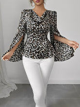 Cowl Neck Leopard Print Split Long Sleeve Blouse