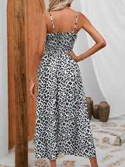 Leopard Print Spaghetti Strap Smocked Midi Dress