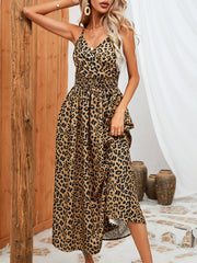 Leopard Print Spaghetti Strap Smocked Midi Dress