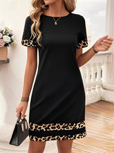 Leopard Print Patchwork Boat Neck Short Sleeve T-Shirt Dress