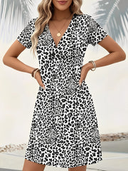 Short Sleeve V Neck Ruched Leopard Dress