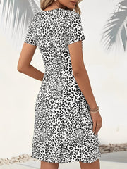 Short Sleeve V Neck Ruched Leopard Dress