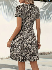 Short Sleeve V Neck Ruched Leopard Dress