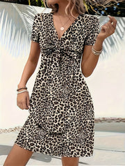 Short Sleeve V Neck Ruched Leopard Dress
