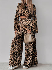 2 Pieces Leopard Print Bell Sleeve Copped Tops & Wide Legs Pants Matching Set