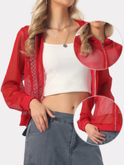 Zip Up Long Sleeve Mesh Sheer Hoodie Bomber Jackets