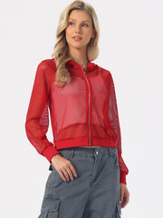 Zip Up Long Sleeve Mesh Sheer Hoodie Bomber Jackets