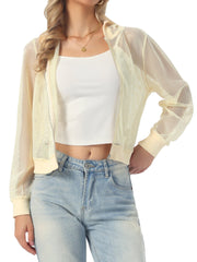 Zip Up Long Sleeve Mesh Sheer Hoodie Bomber Jackets