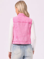 Flap Pocket Washed Buttoned Denim Jacket Vest