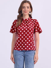 Polka Dots Stand Collar Pleat Keyhole Short Flare Sleeve Blouse