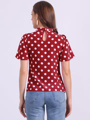 Polka Dots Stand Collar Pleat Keyhole Short Flare Sleeve Blouse